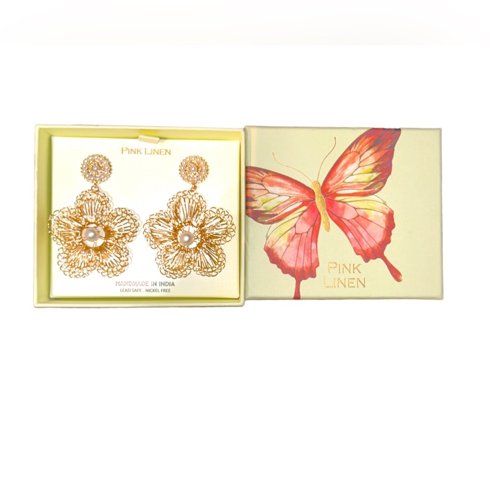 Pink Linen Bohemian Floral Studded Gold Tone Drop Earrings With Pearl Detail NEW